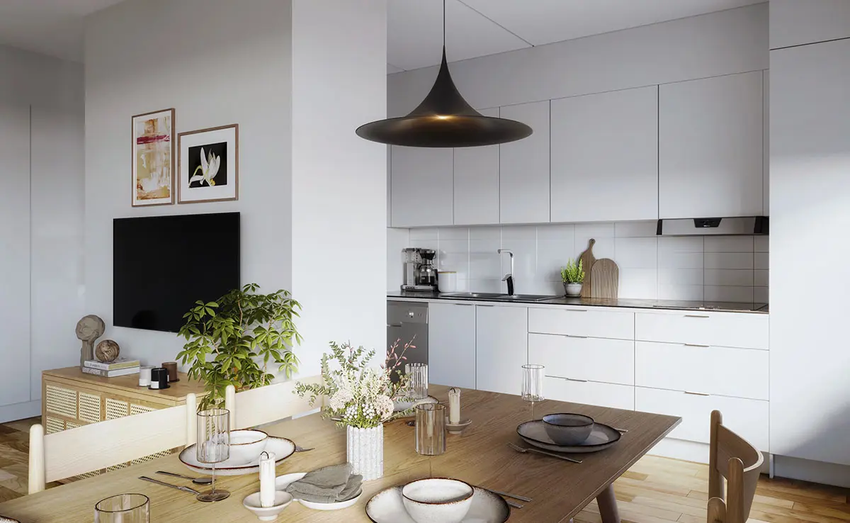 Vitt kök med matsalsbord, intill vardagsrummet | Nivika Fastigheter AB (publ)