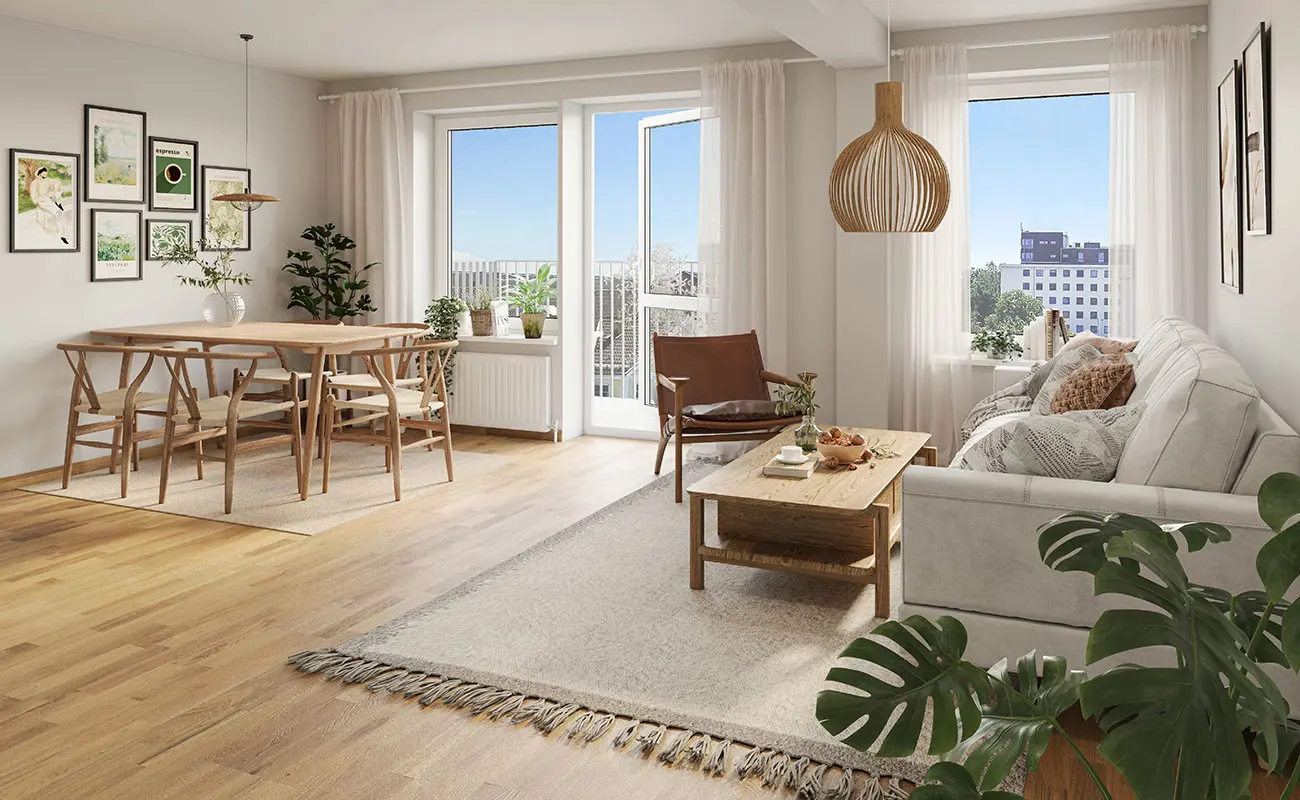 Vardagsrum med soffa, matta samt matsalsbord, stora fönster | Nivika Fastigheter AB (publ)