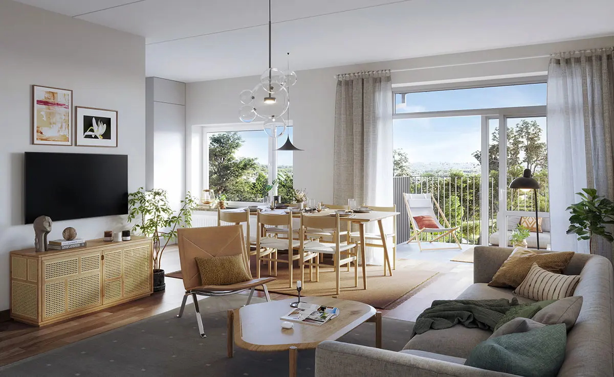 Vardagsrum med soffa, matbord, TV och stora fönster | Nivika Fastigheter AB (publ)