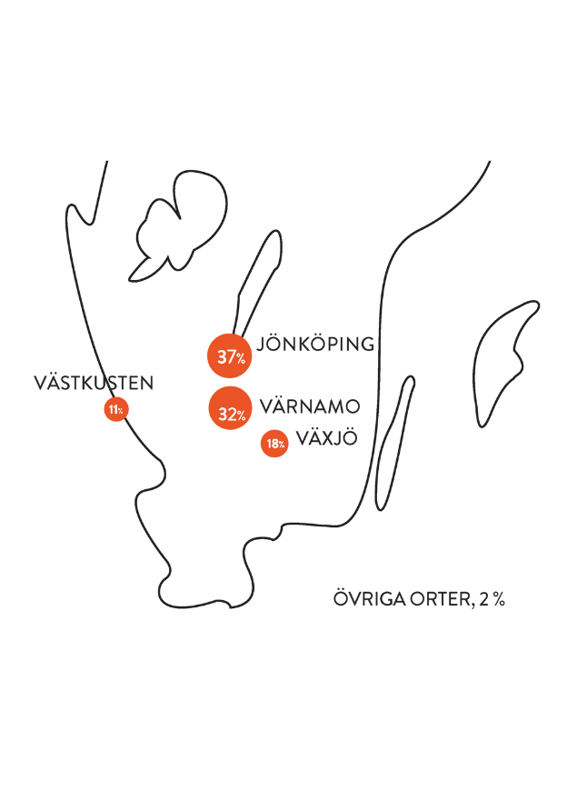 Karta över södra sverige, markering vid kontor | Nivika Fastigheter AB (publ)